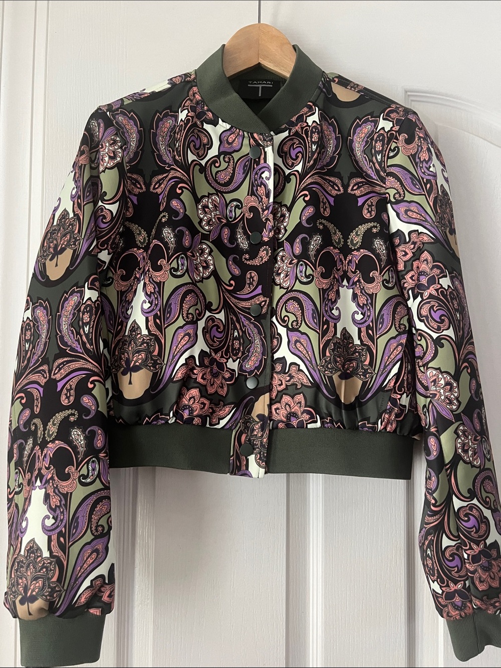 T Tahari Olive Green Paisley Bomber Jacket with Pink & Purple Accents